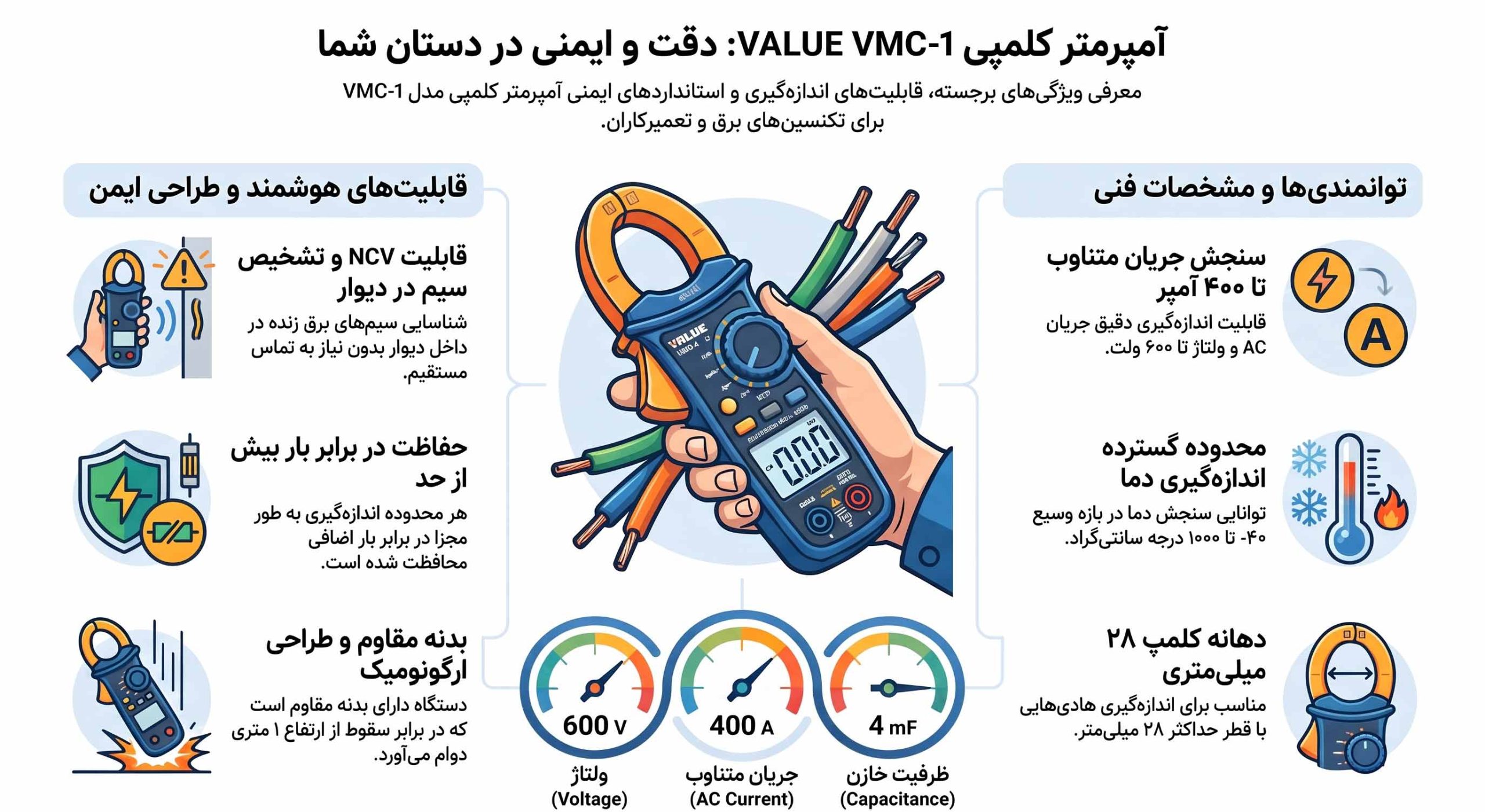 آمپر متر و مولتی متر اورجینال با تست خازن برند والئو VALUE مدل VMC-1 - Image 3